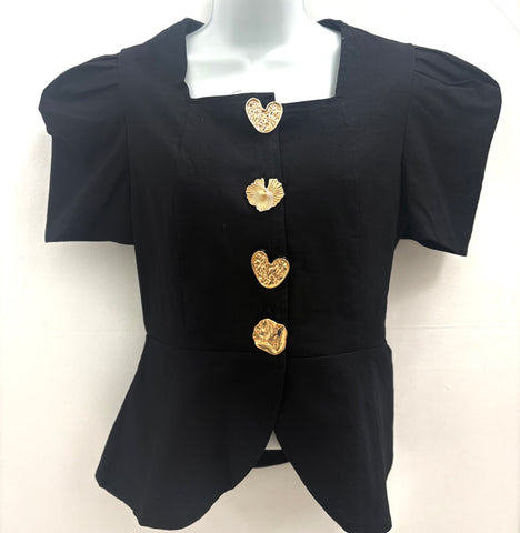 Puffed Short Sleeveless Metal Button Top