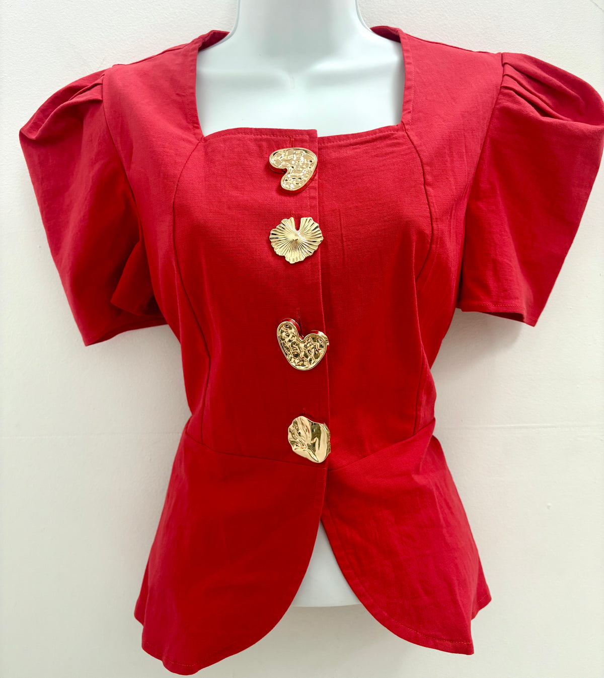 Puffed Short Sleeveless Metal Button Top