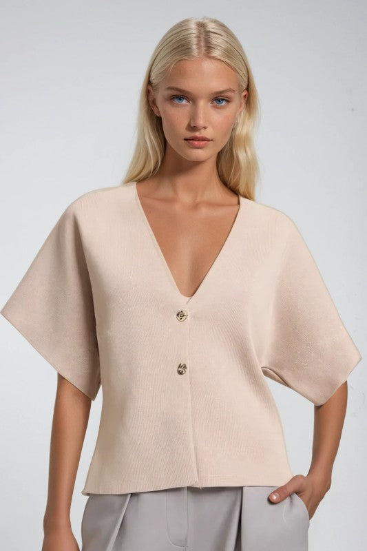 Short Sleeved Fine Knit Cardi With Gold Buttons