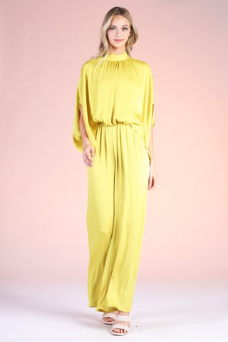 Washed Poly Silk Mock Neck Caftan Jumpsuit
