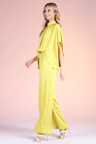 Washed Poly Silk Mock Neck Caftan Jumpsuit