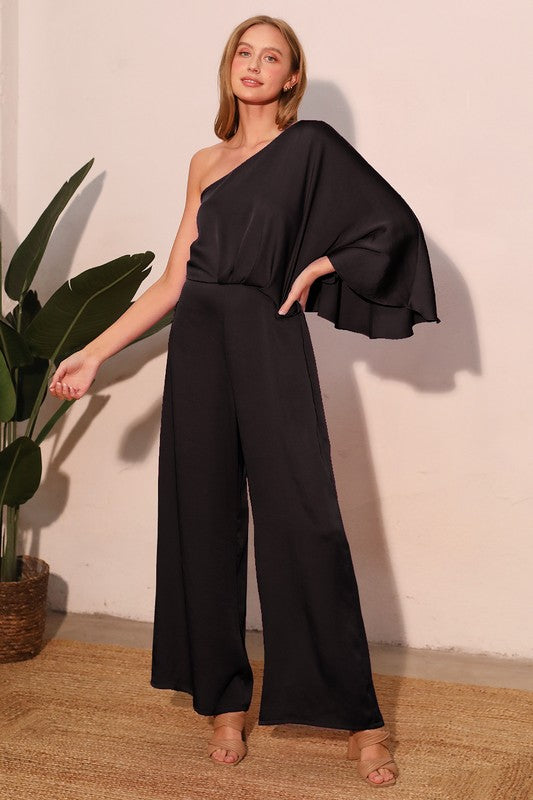 Washed Poly Silk One Sleeve Jumpsuit
