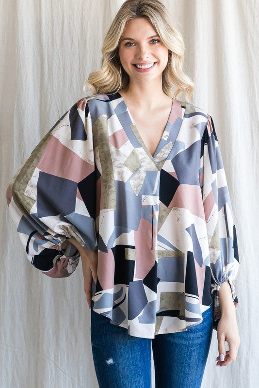 Print Satin Long Peasant Sleeves Top