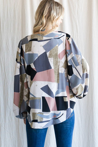 Print Satin Long Peasant Sleeves Top