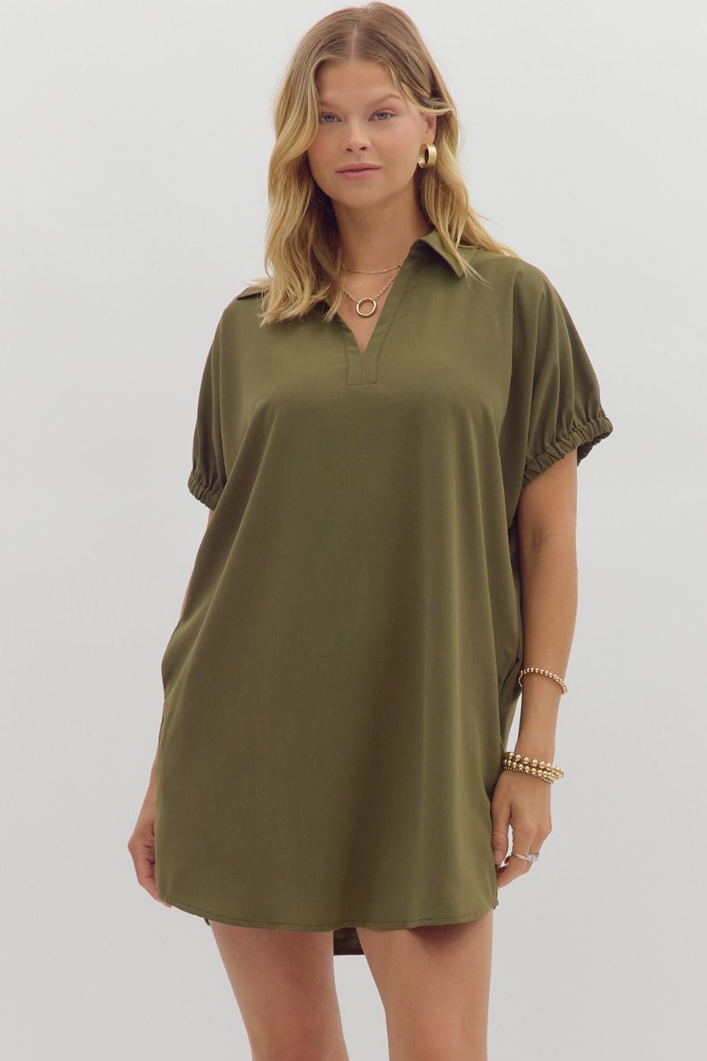 Solid dolman sleeve V-neck collar pullover mini dress