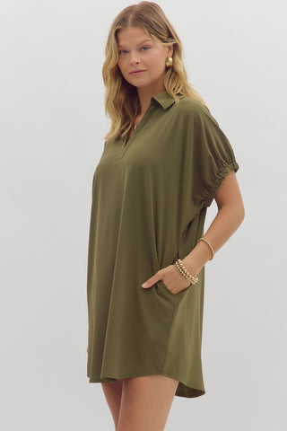 Solid dolman sleeve V-neck collar pullover mini dress