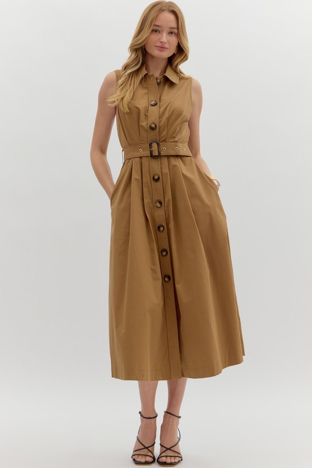 Solid sleeveless pleated midi dress