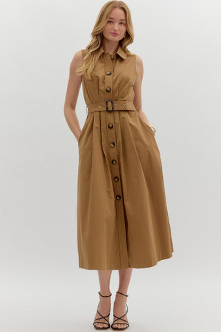 Solid sleeveless pleated midi dress