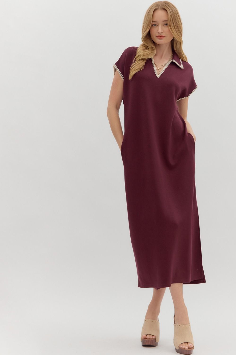 Solid jersey spread collar short sleeve side slit pullover midi dress