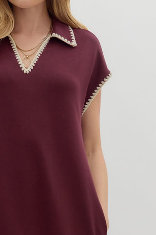 Solid jersey spread collar short sleeve side slit pullover midi dress