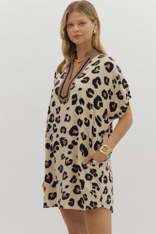 Oversized leopard pattern elasticated dolman sleeve mini dress