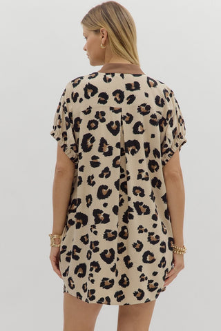 Oversized leopard pattern elasticated dolman sleeve mini dress