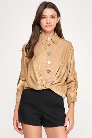 Front Twist Button Down Lurex Shirt