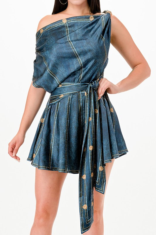 Denim-effect Asymmetric Shoulder Romper