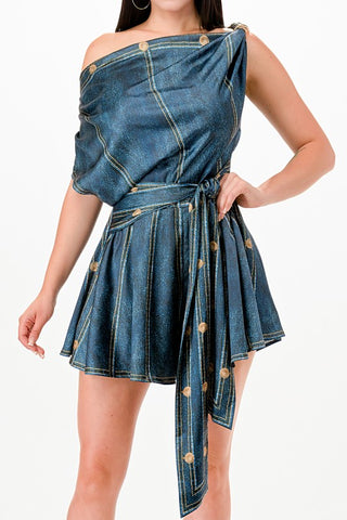 Denim-effect Asymmetric Shoulder Romper