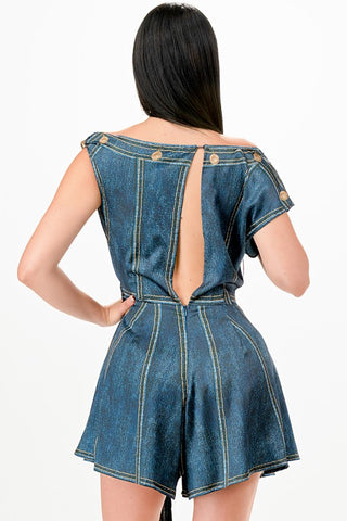 Denim-effect Asymmetric Shoulder Romper