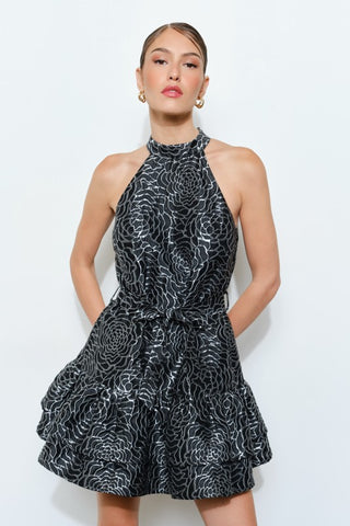 Metallic Floral Halter Tiered Mini Dress
