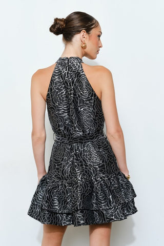 Metallic Floral Halter Tiered Mini Dress