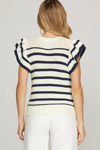 Crochet Flower Ruffle Sleeve Striped Sweater Top