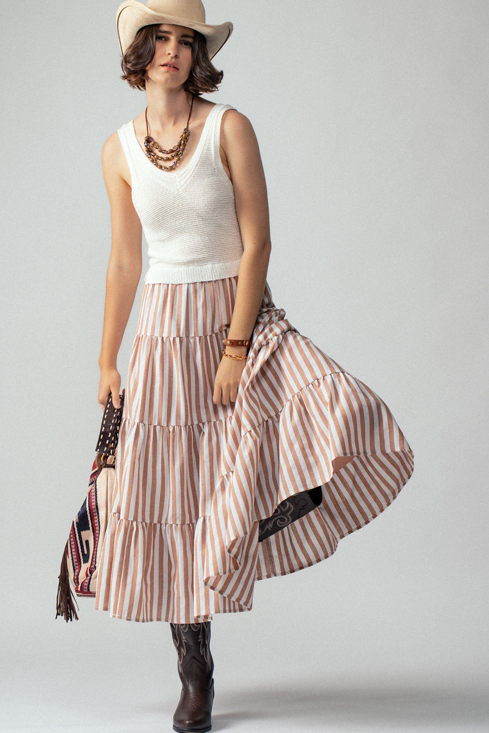 Striped Maxi Dress With Knit Vest Top