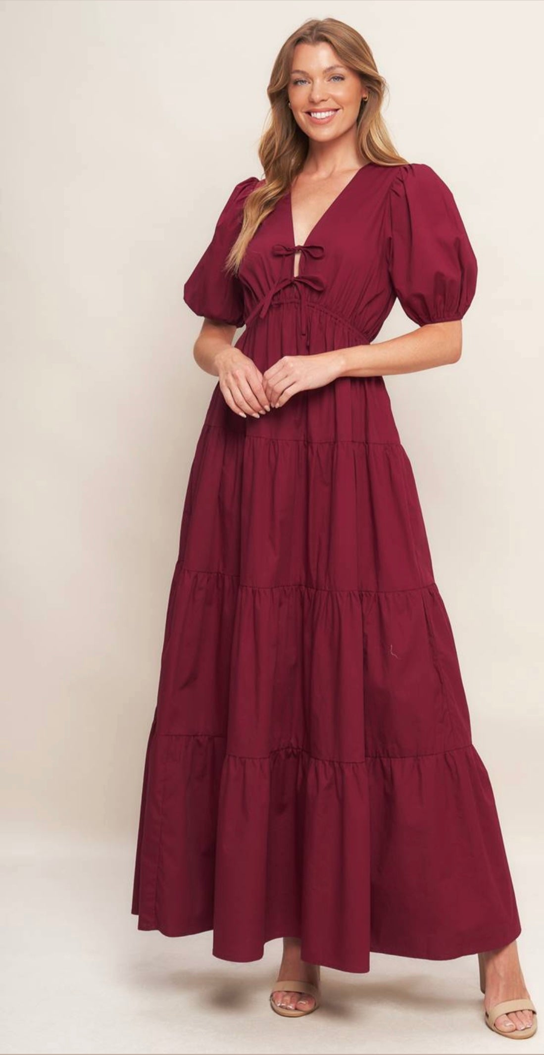 Solid Woven Maxi Dress Short Puff Sleeve