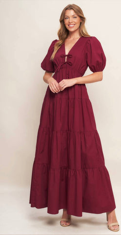 Solid Woven Maxi Dress Short Puff Sleeve