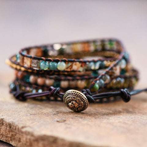 Leather Cord Wrap Bracelet, Healing Stone Bracelet