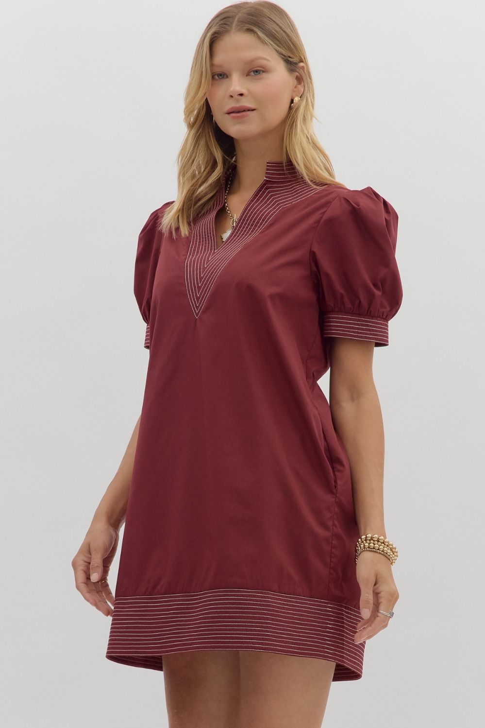 Solid cuff band short puff sleeve pullover mini dress