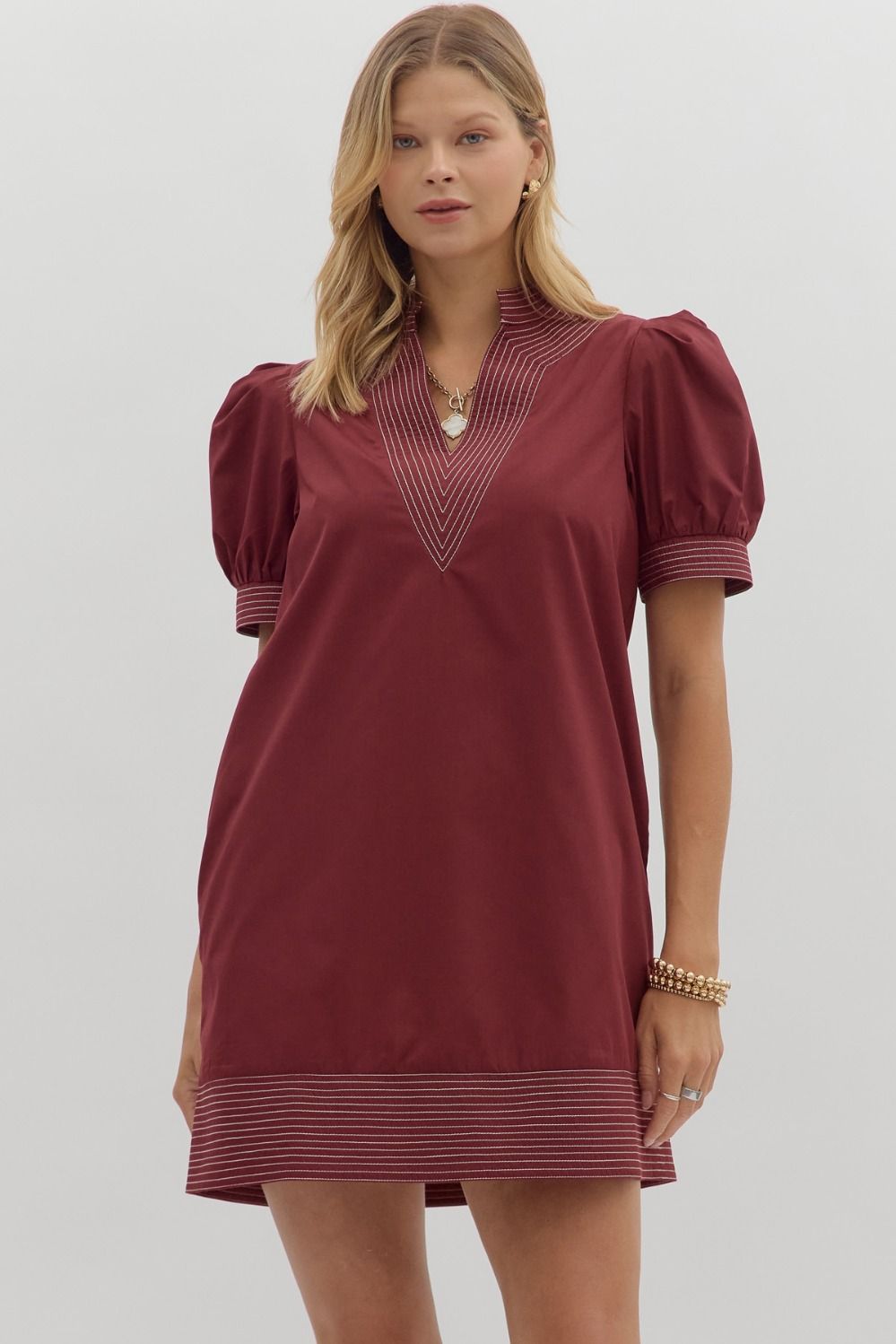 Solid cuff band short puff sleeve pullover mini dress