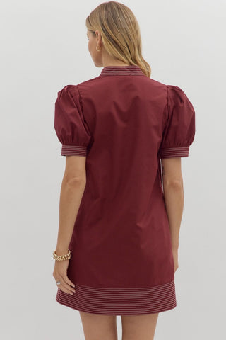 Solid cuff band short puff sleeve pullover mini dress