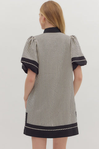 Stripe pattern short lantern sleeves pullover mini dress