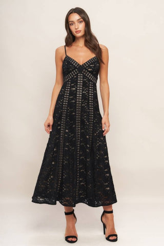 A woven lace midi dress featuring cami top, lace inset, circle skirt and back zipper closure