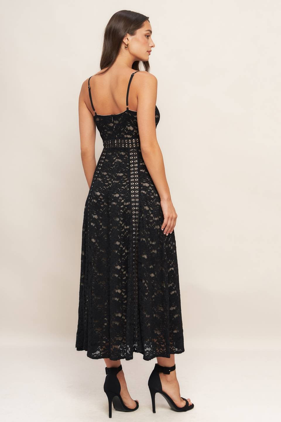 A woven lace midi dress featuring cami top, lace inset, circle skirt and back zipper closure
