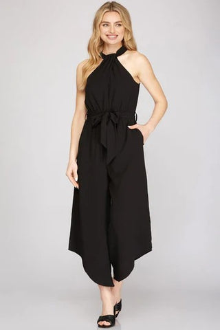 Black Halter Neck With Waist Sash Woven Jumpsuit