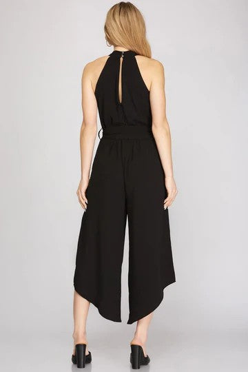 Black Halter Neck With Waist Sash Woven Jumpsuit
