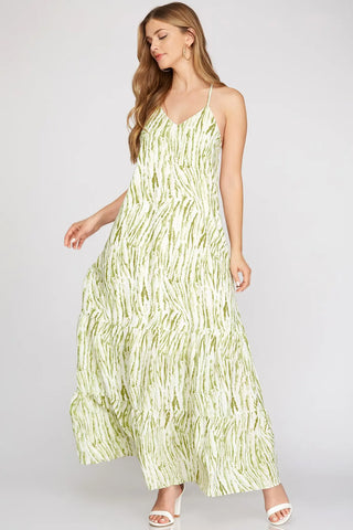 WOVEN PRINT CAMI MAXI TIERED DRESS WITH ADJUSTABLE STRAP