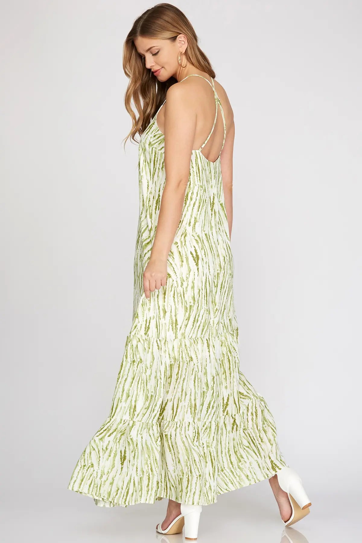 WOVEN PRINT CAMI MAXI TIERED DRESS WITH ADJUSTABLE STRAP