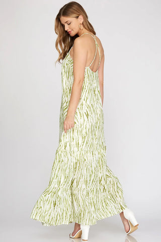 WOVEN PRINT CAMI MAXI TIERED DRESS WITH ADJUSTABLE STRAP