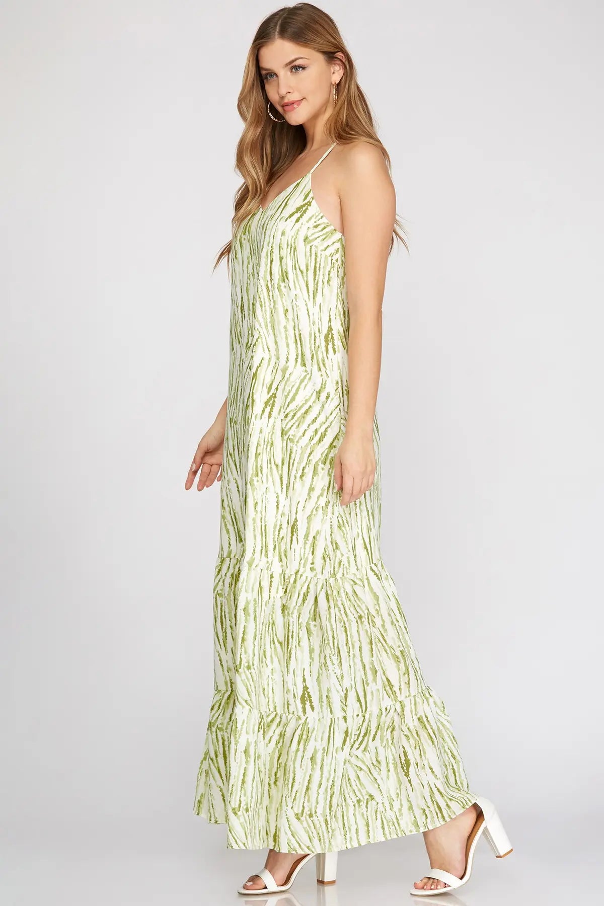 WOVEN PRINT CAMI MAXI TIERED DRESS WITH ADJUSTABLE STRAP
