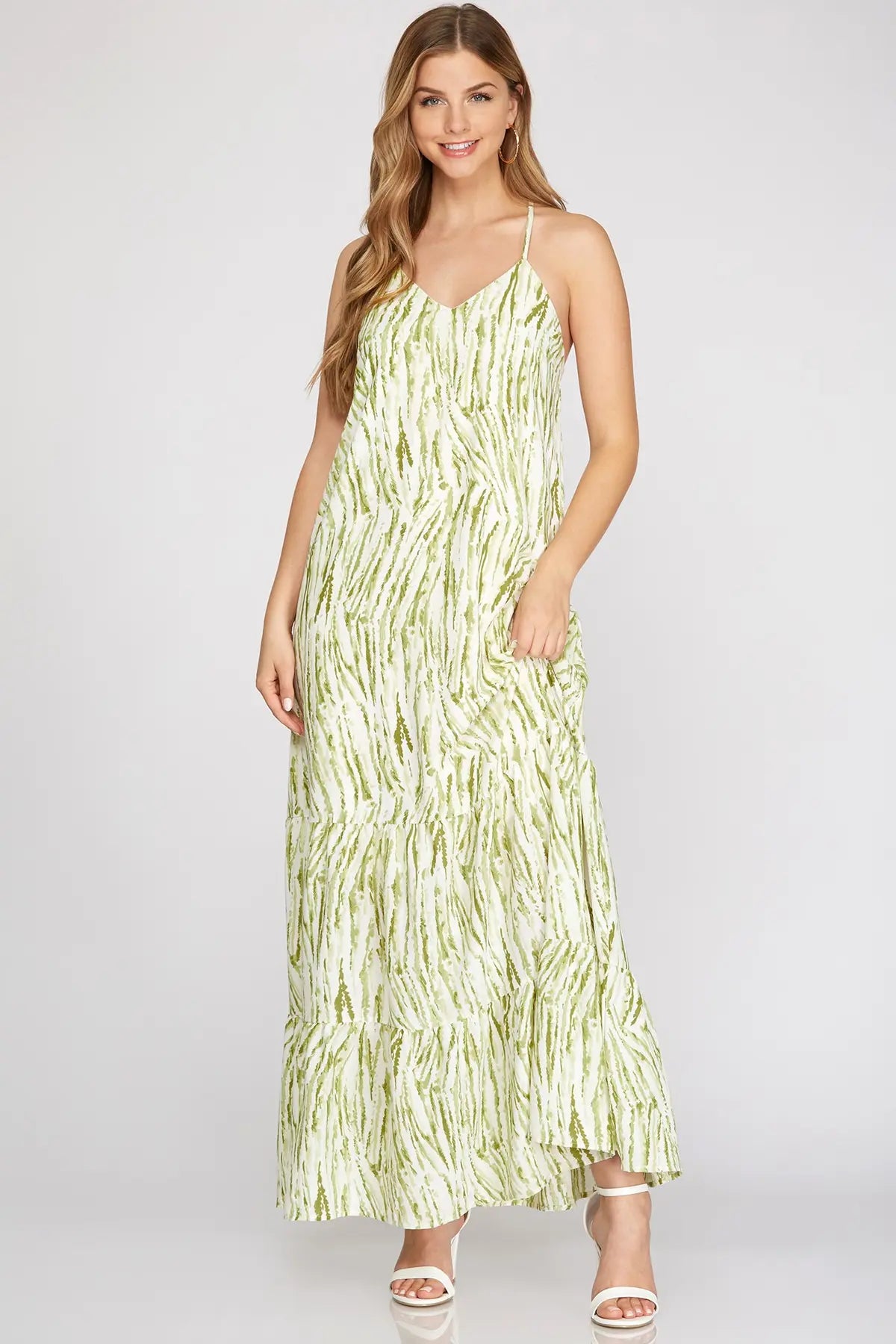 WOVEN PRINT CAMI MAXI TIERED DRESS WITH ADJUSTABLE STRAP