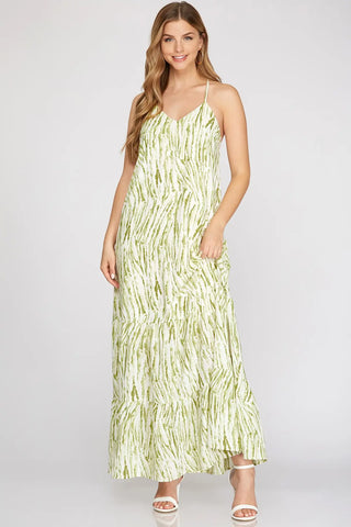 WOVEN PRINT CAMI MAXI TIERED DRESS WITH ADJUSTABLE STRAP