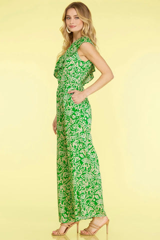 SLEEVELESS RUFFLE ASYMMETRIC WOVEN PRINT JUMPSUIT WITH SIDE POCKET