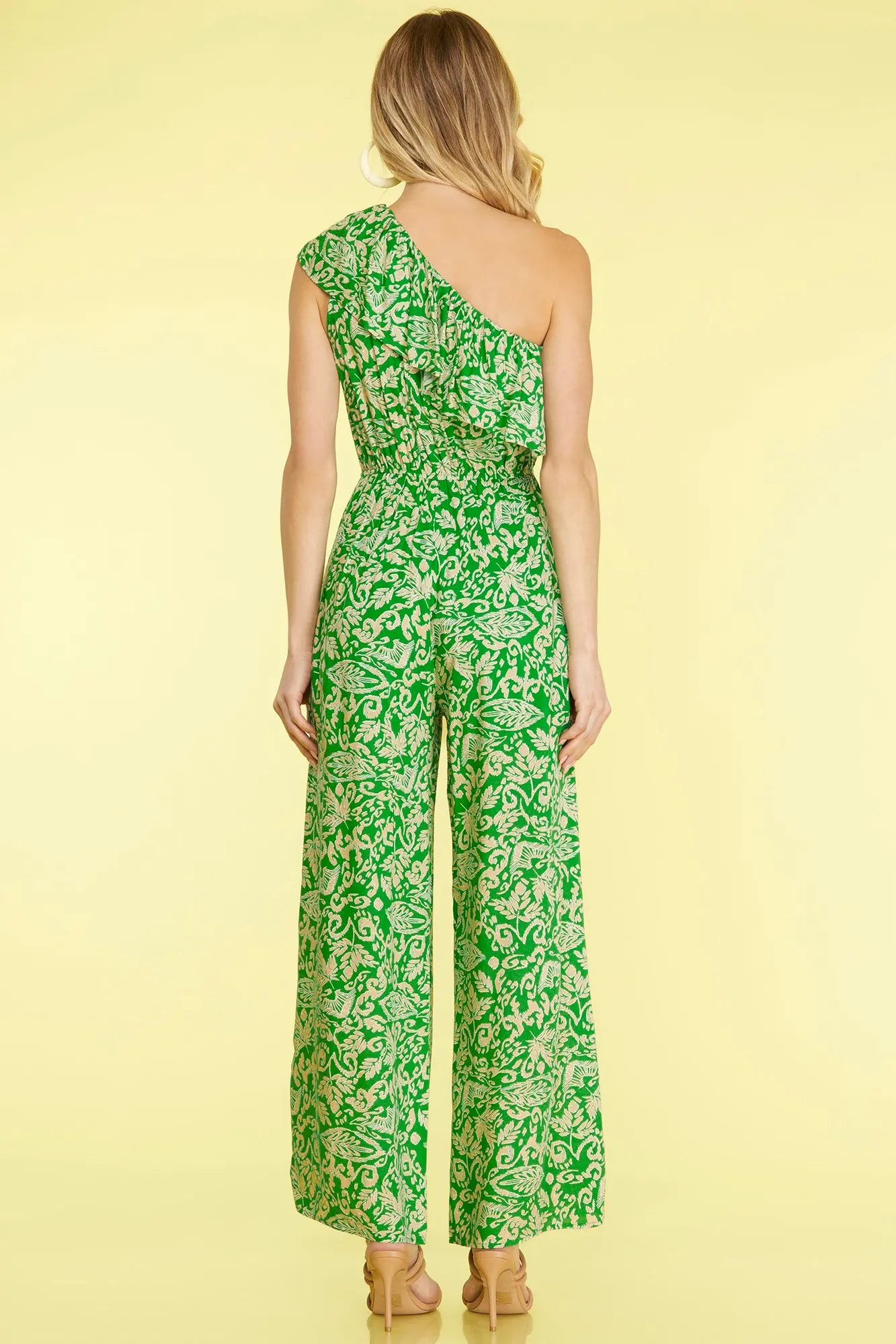 SLEEVELESS RUFFLE ASYMMETRIC WOVEN PRINT JUMPSUIT WITH SIDE POCKET