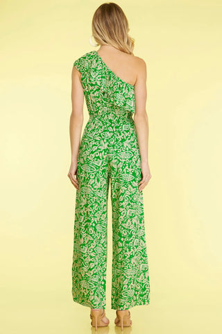 SLEEVELESS RUFFLE ASYMMETRIC WOVEN PRINT JUMPSUIT WITH SIDE POCKET