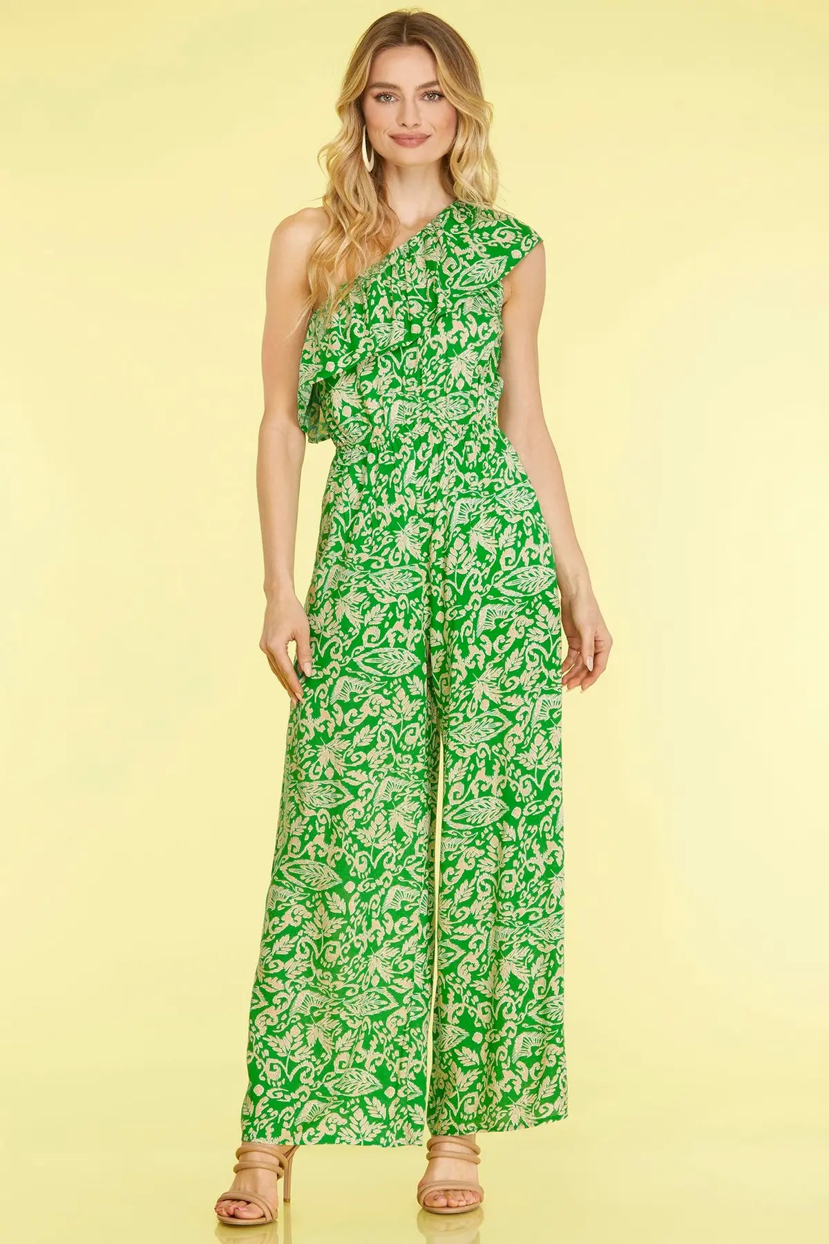 SLEEVELESS RUFFLE ASYMMETRIC WOVEN PRINT JUMPSUIT WITH SIDE POCKET