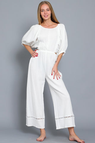 Puff Sleeve Lace Trim Detail Tie Back Elastic