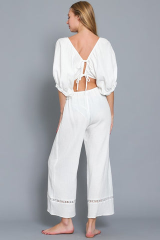 Puff Sleeve Lace Trim Detail Tie Back Elastic