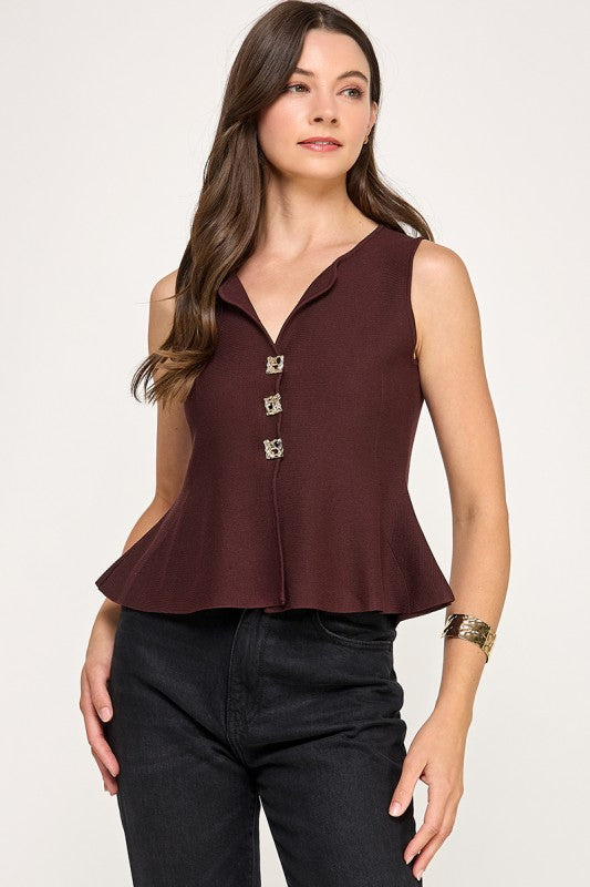 Metal Button Detail Knit Top