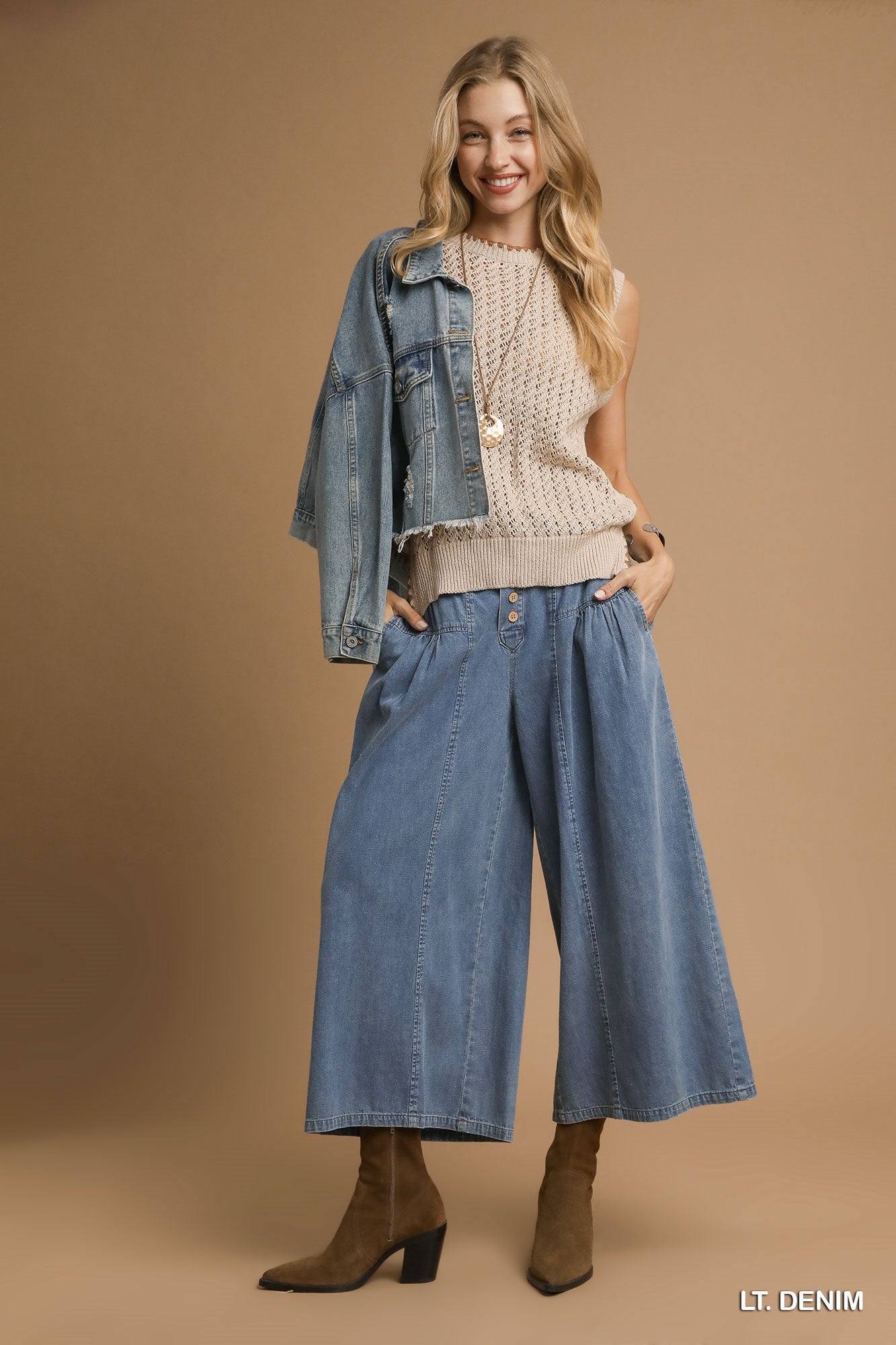 Stone Washed Wide-Leg Button-Front Culottes