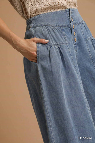 Stone Washed Wide-Leg Button-Front Culottes